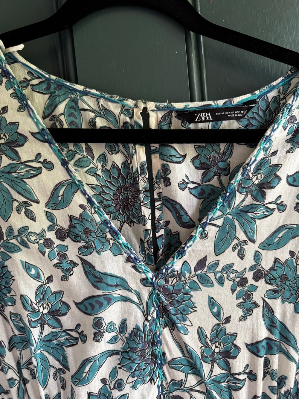 Zara Mixed Print Floral Maxi Dress Long Sleeve V Neck Teal Size M - Picture 3 of 5
